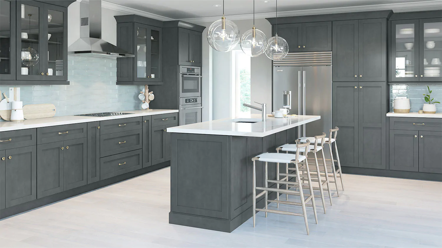 Slate grey shaker cabinets with a white quartz waterfall island, PA Home Supply